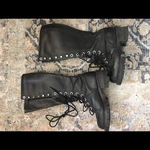 Black leather tall combat boots